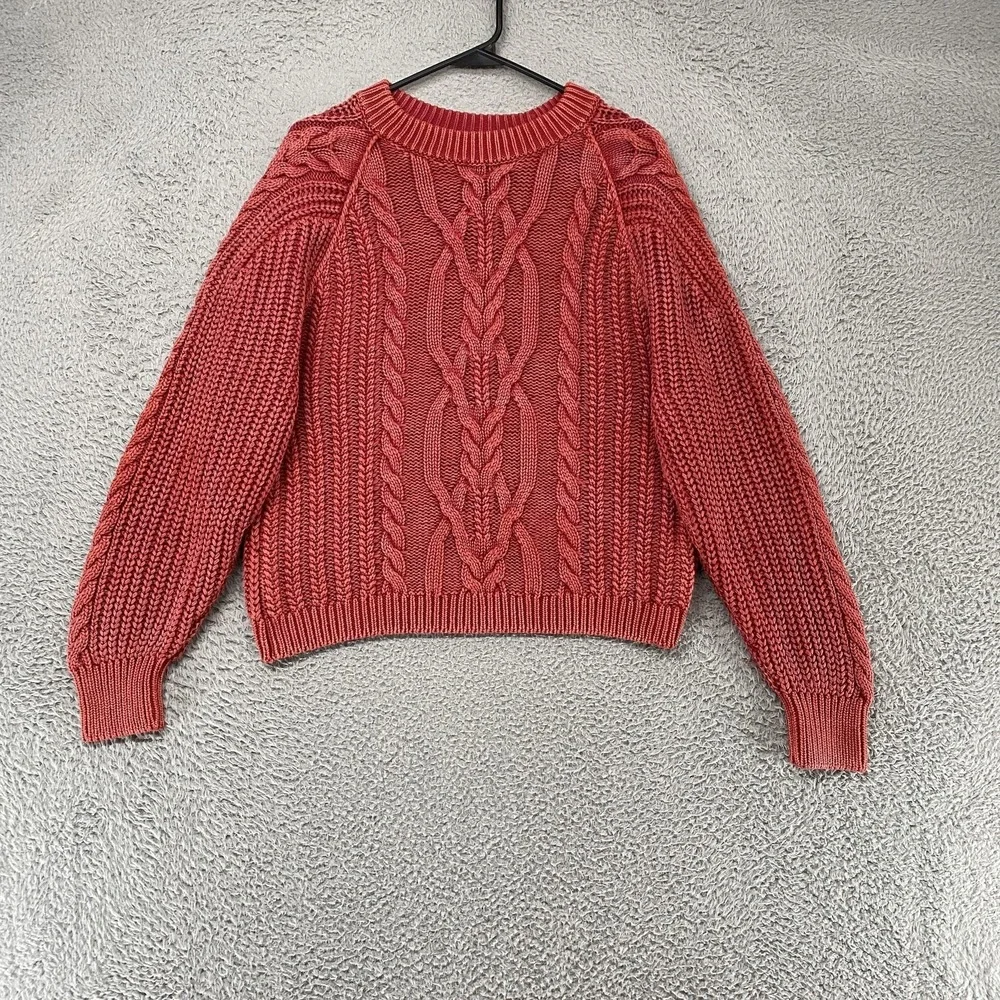 Free People‎ Frankie Sweater Womens Small Red Cable Knit Chunky Crew 100% Cotton